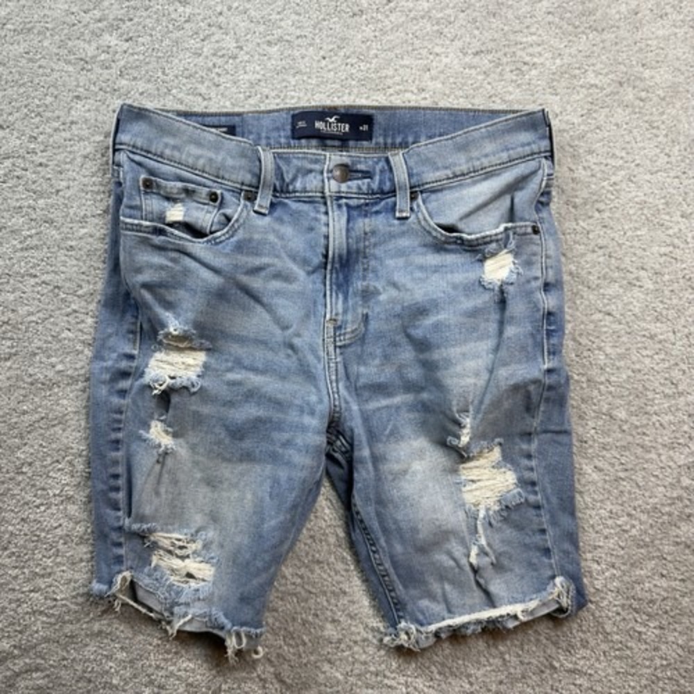 Hollister Epic Flex Skinny Denim Shorts Men's 31 Light Blue Ripped Stretch Jorts